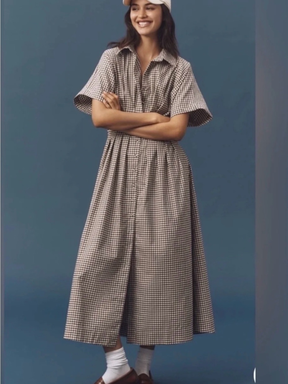 Button-Front Gingham Maxi Dress in Black & White